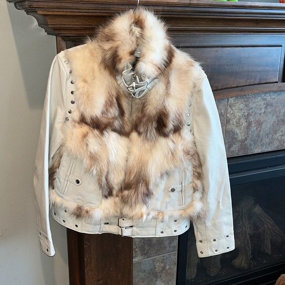 GORGEOUS Ivory genuine leather moto jacket coat fur trim studded sharif size L - Picture 3 of 17